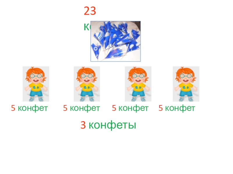 Презентация по математике на тему Деление с остатком (5 класс) 23 конфеты 5 конфет 5 конфет 5 конфет 5 конфет3 конфеты 23 конфеты 5 конфет 5 конфет 5 конфет 5 конфет3 конфеты