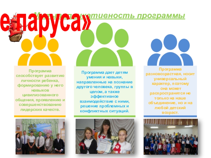 Презентация Программа обучения детского актива Мультипликативность программыПрограмма разновозрастная, носит универсальный характер, поэтому она может распространятся не Мультипликативность программыПрограмма разновозрастная, носит универсальный характер, поэтому она может распространятся не только на наше объединение, но и