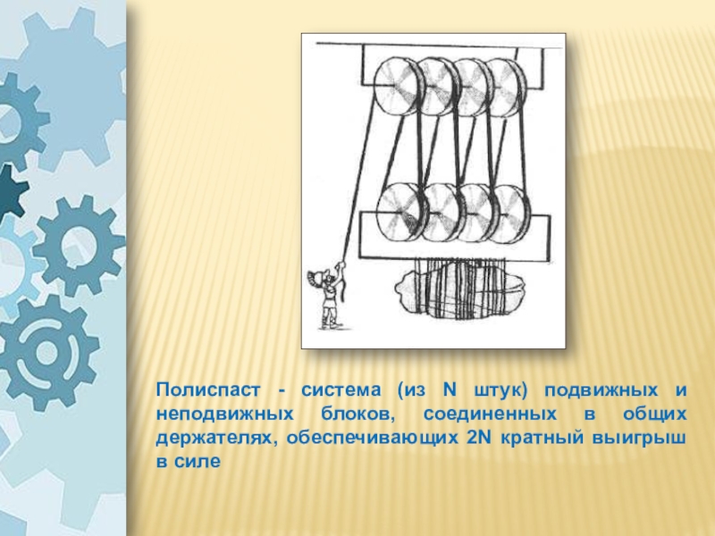 Интегрированный урок Простые механизмы.Пропорция. 7 класс Полиспаст - система (из N штук) подвижных и неподвижных блоков, Полиспаст - система (из N штук) подвижных и неподвижных блоков, соединенных в общих держателях, обеспечивающих 2N