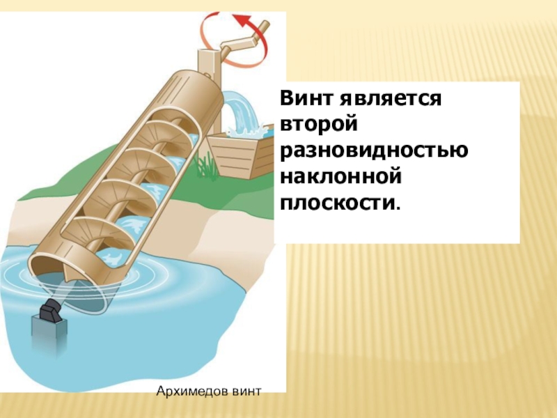 Интегрированный урок Простые механизмы.Пропорция. 7 класс Винт является второй разновидностью наклонной плоскости. Архимедов винт Винт является второй разновидностью наклонной плоскости. Архимедов винт