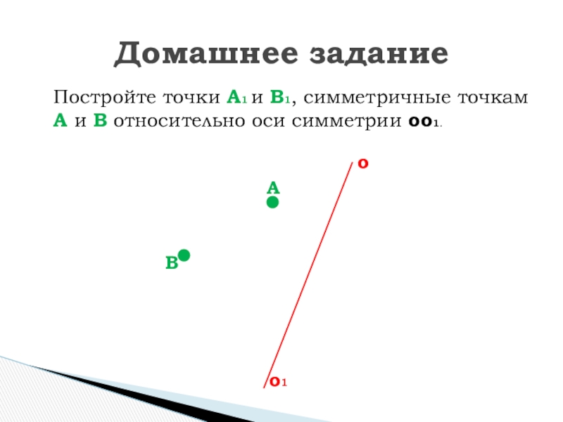 Презентация к уроку по математике на тему Осевая симметрия. Построение (7 класс) Постройте точки А1 и В1, симметричные точкам А и В относительно оси симметрии оо1.Домашнее заданиеАВо1о Постройте точки А1 и В1, симметричные точкам А и В относительно оси симметрии оо1.Домашнее заданиеАВо1о