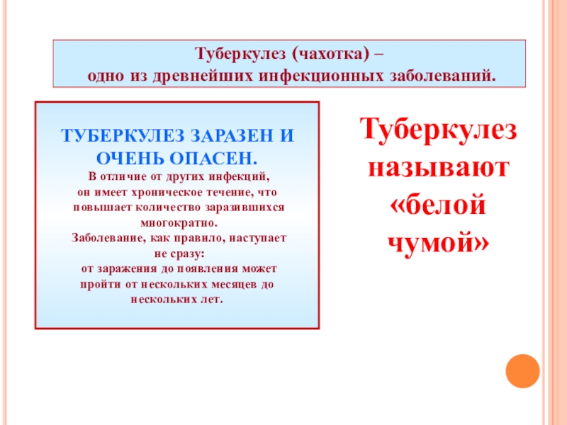 Презентация к классному часу Профилактика туберкулеза Что такое туберкулез?Туберкулез (чахотка) – одно из древнейших инфекционных заболеваний.ТУБЕРКУЛЕЗ Что такое туберкулез?Туберкулез (чахотка) – одно из древнейших инфекционных заболеваний.ТУБЕРКУЛЕЗ ЗАРАЗЕН И ОЧЕНЬ ОПАСЕН. В отличие