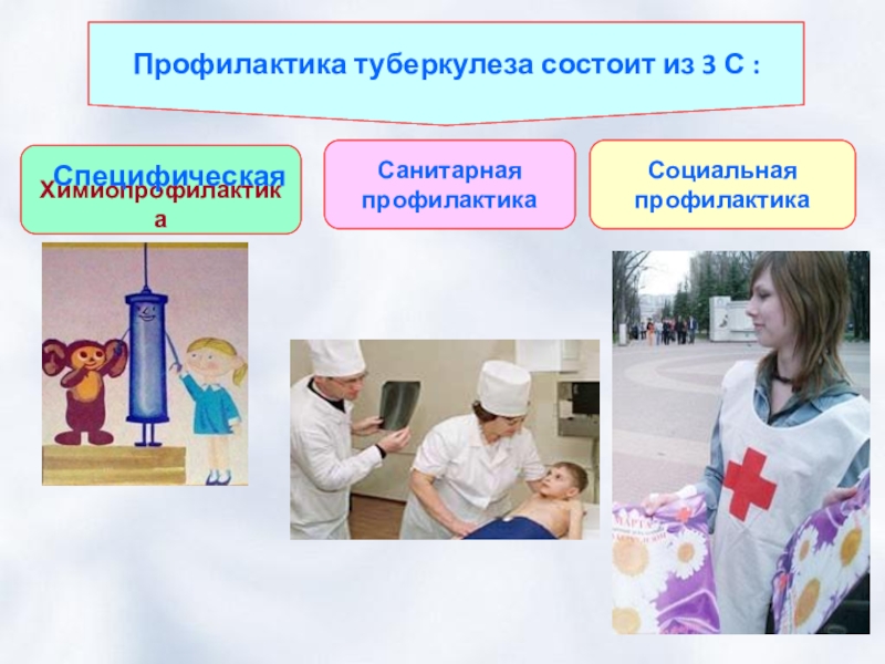 Презентация к классному часу Профилактика туберкулеза Профилактика туберкулеза состоит из 3 С : ХимиопрофилактикаСанитарная профилактикаСпецифическая Социальная профилактика Профилактика туберкулеза состоит из 3 С : ХимиопрофилактикаСанитарная профилактикаСпецифическая Социальная профилактика