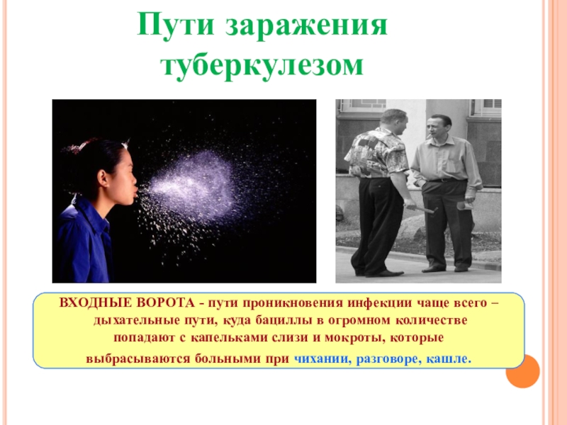 Презентация к классному часу Профилактика туберкулеза Пути заражения туберкулезомВХОДНЫЕ ВОРОТА - пути проникновения инфекции чаще всего Пути заражения туберкулезомВХОДНЫЕ ВОРОТА - пути проникновения инфекции чаще всего – дыхательные пути, куда бациллы в