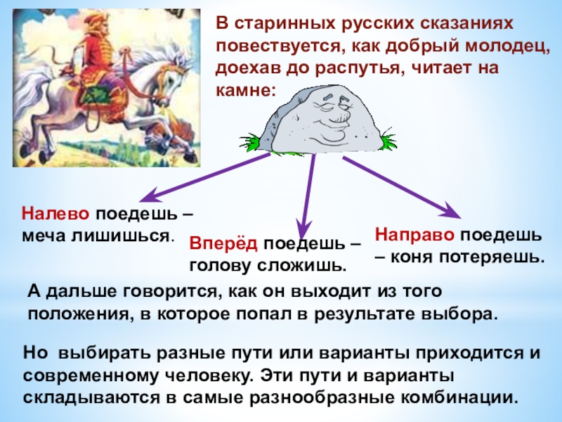 Презентация на тему В старинных русских сказаниях повествуется, как добрый молодец, В старинных русских сказаниях повествуется, как добрый молодец, доехав до распутья, читает на камне: Вперёд поедешь –