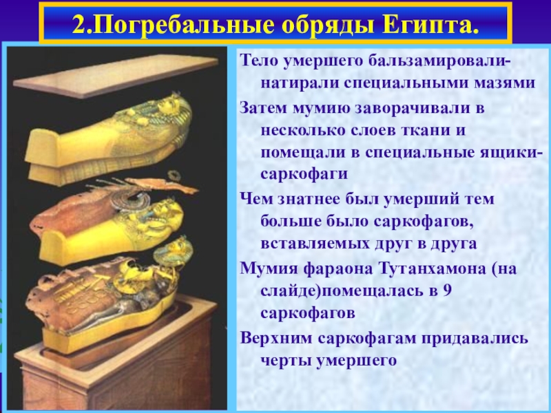 Презентация по истории на тему Религия в Древнем Египте (5 класс) Тело умершего бальзамировали-натирали специальными мазямиЗатем мумию заворачивали в несколько слоев ткани Тело умершего бальзамировали-натирали специальными мазямиЗатем мумию заворачивали в несколько слоев ткани и помещали в специальные ящики-саркофагиЧем знатнее