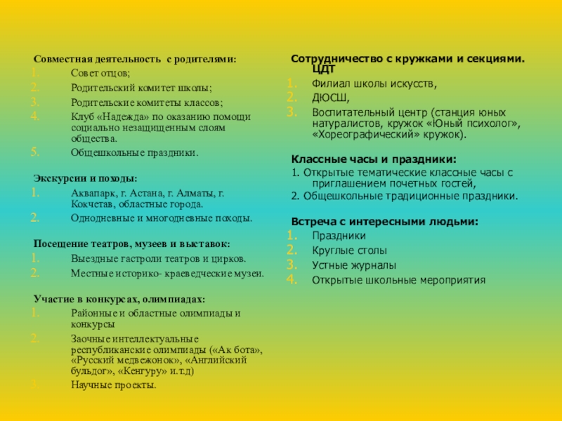 Проект- Воспитательная модель школы Совместная деятельность с родителями:Совет отцов;Родительский комитет школы;Родительские комитеты классов;Клуб «Надежда» по Совместная деятельность с родителями:Совет отцов;Родительский комитет школы;Родительские комитеты классов;Клуб «Надежда» по оказанию помощи социально незащищенным слоям общества.Общешкольные