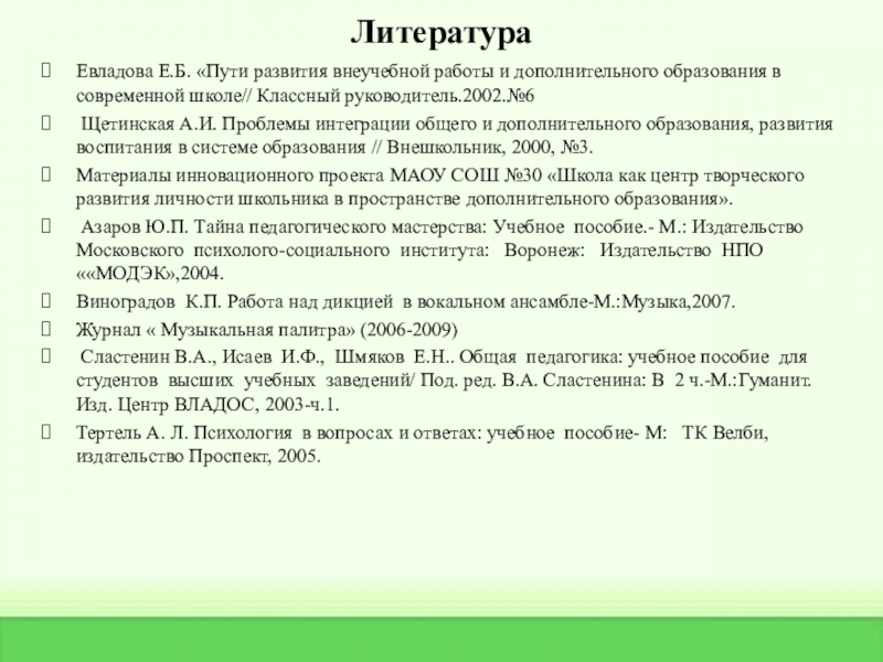 Практические достижения профессиональной деятельности ЛитератураЕвладова Е.Б. «Пути развития внеучебной работы и дополнительного образования в современной ЛитератураЕвладова Е.Б. «Пути развития внеучебной работы и дополнительного образования в современной школе// Классный руководитель.2002.№6 Щетинская А.И. Проблемы интеграции