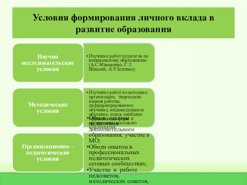 Практические достижения профессиональной деятельности Условия формирования личного вклада в развитие образования Условия формирования личного вклада в развитие образования
