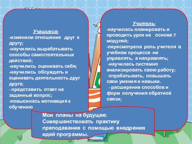 Презентация Изображение геометрических тел по конструктивным точкам в перспективе Учашиеся:-изменили отношение друг к другу;-научились вырабатывать способы самостоятельных действий;-научились оценивать себя;-научились Учашиеся:-изменили отношение друг к другу;-научились вырабатывать способы самостоятельных действий;-научились оценивать себя;-научились обсуждать и оценивать деятельность друг