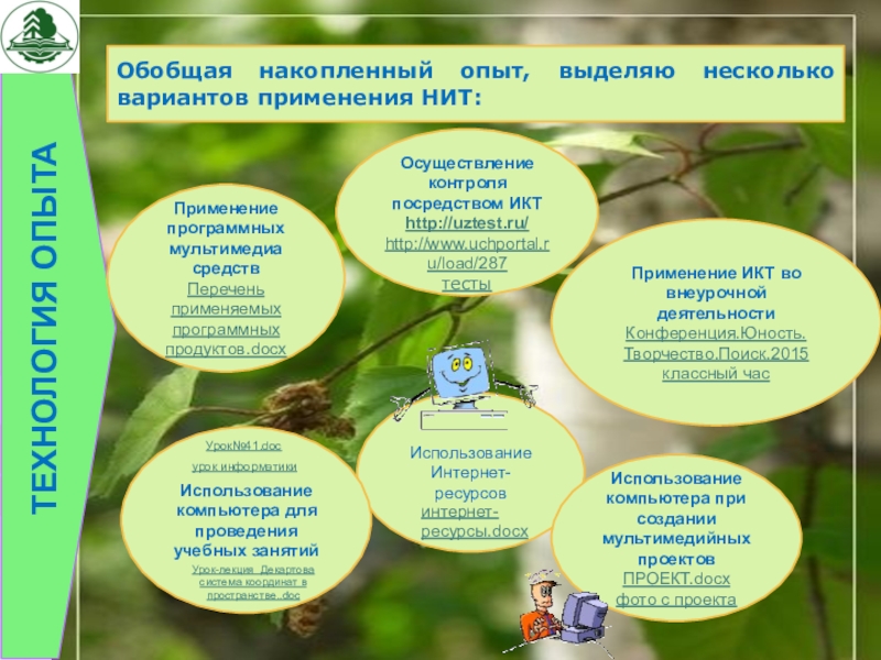 Презентация на аттестацию преподавателя ТЕХНОЛОГИЯ ОПЫТАОбобщая накопленный опыт, выделяю несколько вариантов применения НИТ:Использование Интернет-ресурсовОсуществление контроля ТЕХНОЛОГИЯ ОПЫТАОбобщая накопленный опыт, выделяю несколько вариантов применения НИТ:Использование Интернет-ресурсовОсуществление контроля посредством ИКТhttp://uztest.ru/http://www.uchportal.ru/load/287тестыПрименение ИКТ во внеурочной деятельностиКонференция.Юность.Творчество.Поиск.2015классный