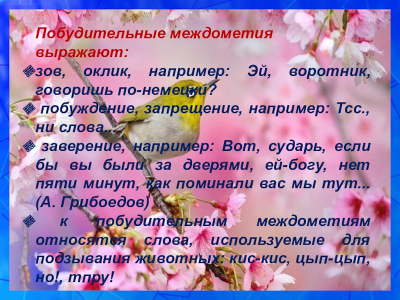 Презентация к уроку русского языка в 5 классе на тему: Это необыкновенное междометие Побудительные междометия выражают: зов, оклик, например: Эй, воротник, говоришь по-немецки? побуждение, Побудительные междометия выражают: зов, оклик, например: Эй, воротник, говоришь по-немецки? побуждение, запрещение, например: Тсс., ни слова... заверение,