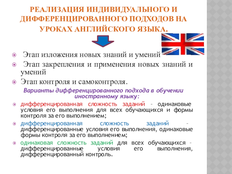 Презентация на тему Реализация индивидуального и дифференцированного подходов на уроках английского Реализация индивидуального и дифференцированного подходов на уроках английского языка. Этап изложения новых знаний и умений Этап закрепления