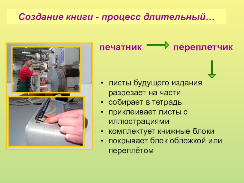 Презентация Профессия Переплетчик печатник переплетчик листы будущего издания разрезает на части собирает печатник переплетчик листы будущего издания разрезает на части собирает в тетрадьприклеивает