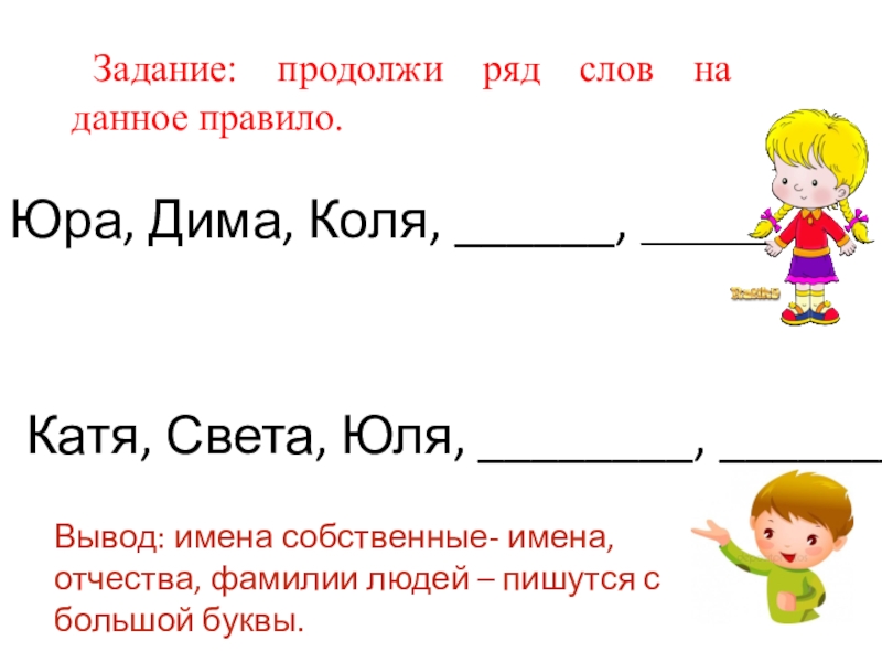 Презентация по русскому языку на тему: БОЛЬШАЯ БУКВА В ИМЕНАХ, ОТЧЕСТВАХ, КЛИЧКАХ ЖИВОТНЫХ, НАЗВАНИЯХ ГОРОДОВ, РЕК Задание: продолжи ряд слов на данное правило. Юра, Дима, Коля, ______, Задание: продолжи ряд слов на данное правило. Юра, Дима, Коля, ______, _______.Катя, Света, Юля, ________, ________.Вывод: имена