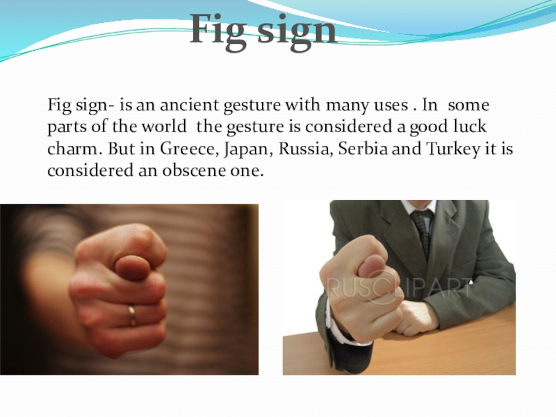 Презентация по английскому''Hand gestures''(7-8rкл.) Fig signFig sign- is an ancient gesture with many uses . Fig signFig sign- is an ancient gesture with many uses . In some parts of the world