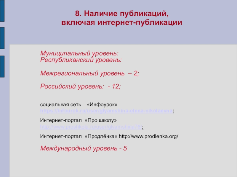 Портфолио учителя ИЗО искусства МОУ Лямбирская СОШ №1 Глямшина Е.Н. 8. Наличие публикаций, включая интернет-публикации Муниципальный уровень:Республиканский уровень:Межрегиональный уровень – 2;Российский 8. Наличие публикаций, включая интернет-публикации Муниципальный уровень:Республиканский уровень:Межрегиональный уровень – 2;Российский уровень: - 12;социальная сеть
