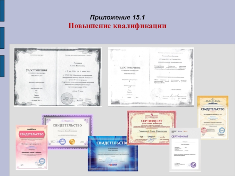 Портфолио учителя ИЗО искусства МОУ Лямбирская СОШ №1 Глямшина Е.Н. Приложение 15.1 Повышение квалификации Приложение 15.1 Повышение квалификации