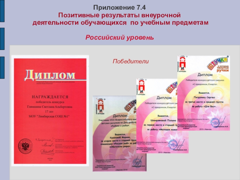 Портфолио учителя ИЗО искусства МОУ Лямбирская СОШ №1 Глямшина Е.Н. Приложение 7.4 Позитивные результаты внеурочной деятельности обучающихся по учебным предметам Российский уровень Победители Приложение 7.4 Позитивные результаты внеурочной деятельности обучающихся по учебным предметам Российский уровень Победители