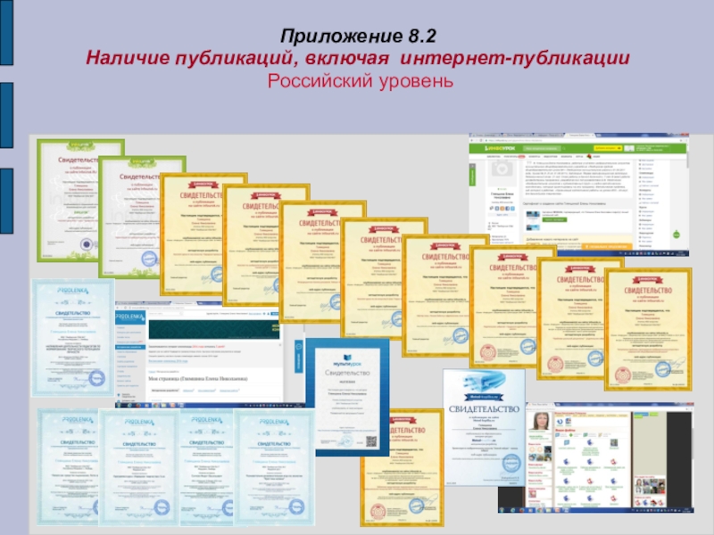 Портфолио учителя ИЗО искусства МОУ Лямбирская СОШ №1 Глямшина Е.Н. Приложение 8.2 Наличие публикаций, включая интернет-публикации Российский уровень Приложение 8.2 Наличие публикаций, включая интернет-публикации Российский уровень