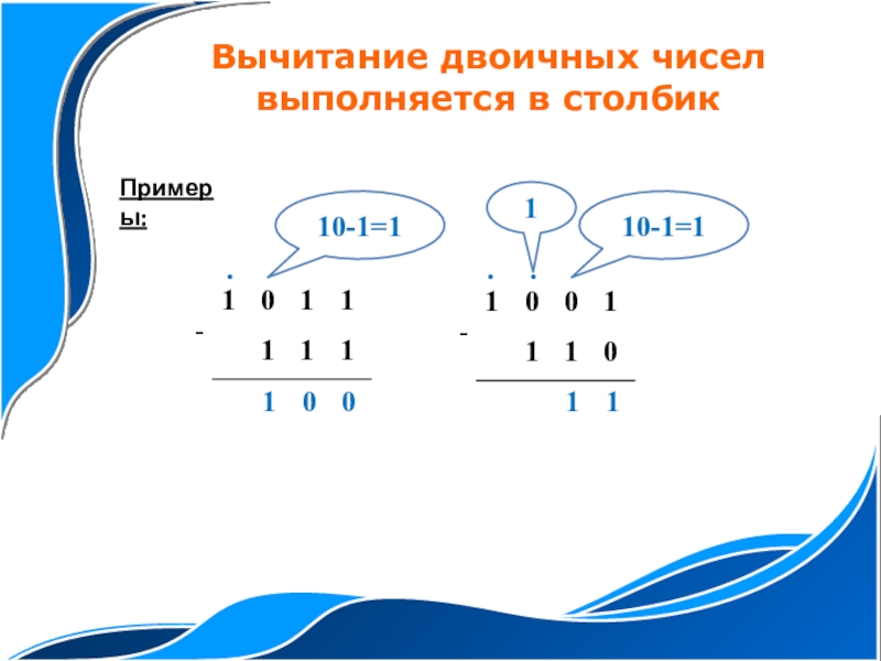 Презентация по информатике на тему Двоичная арифметика (8 класс) Примеры:Вычитание двоичных чисел выполняется в столбик00.10-1=111..10-1=111 Примеры:Вычитание двоичных чисел выполняется в столбик00.10-1=111..10-1=111