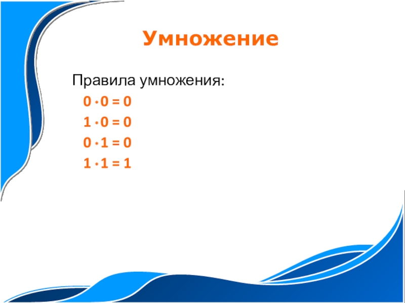 Презентация по информатике на тему Двоичная арифметика (8 класс) Правила умножения:0 * 0 = 01 * 0 = 00 * Правила умножения:0 * 0 = 01 * 0 = 00 * 1 = 01 * 1 =