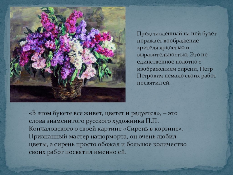 Презентация по русскому языку на тему Описание картины П.П.Кончаловского Сирень в корзине(5 класс) «В этом букете все живет, цветет и радуется», ‒ это слова «В этом букете все живет, цветет и радуется», ‒ это слова знаменитого русского художника П.П. Кончаловского о