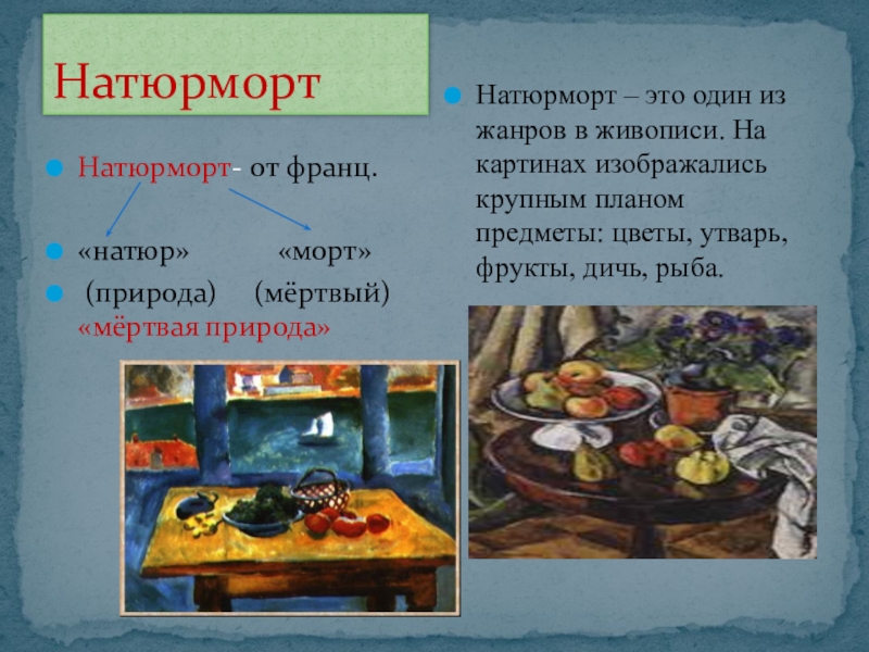 Презентация по русскому языку на тему Описание картины П.П.Кончаловского Сирень в корзине(5 класс) НатюрмортНатюрморт- от франц. «натюр» «морт» (природа) (мёртвый) «мёртвая НатюрмортНатюрморт- от франц. «натюр» «морт» (природа) (мёртвый) «мёртвая природа»Натюрморт –