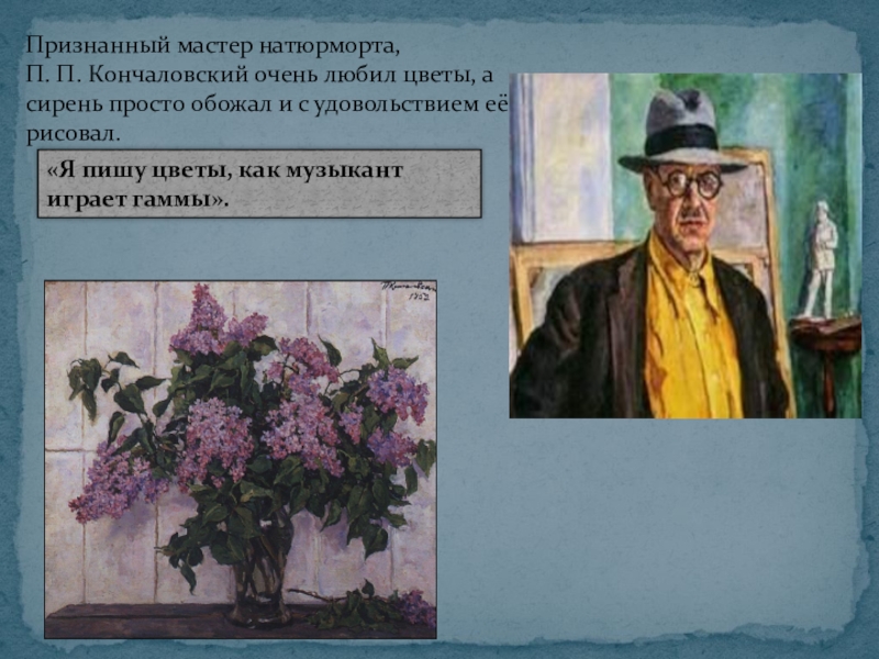 Презентация по русскому языку на тему Описание картины П.П.Кончаловского Сирень в корзине(5 класс) Признанный мастер натюрморта, П. П. Признанный мастер натюрморта, П. П.