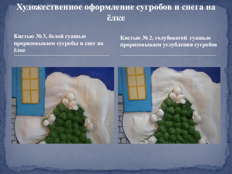 Презентация Художественное оформление гуашью картины из мокрой ткани Рождественская ночь Кистью № 3, белой гуашью прорисовываем сугробы и снег на ёлкеХудожественное Кистью № 3, белой гуашью прорисовываем сугробы и снег на ёлкеХудожественное оформление сугробов и снега на ёлке