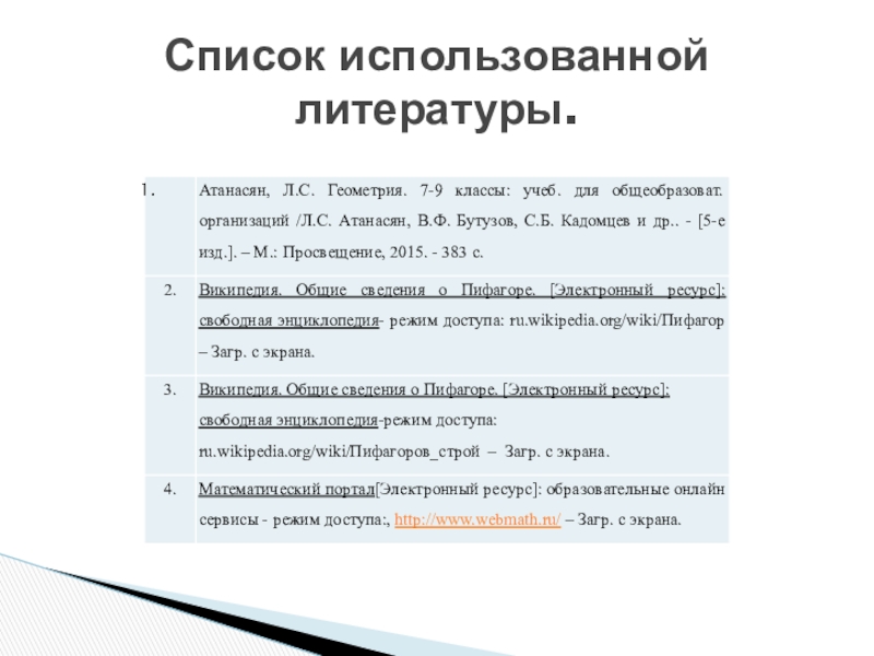 Презентация к проектно-исследовательской работе Определение примитивных пифагоровых троек численным методом Список использованной литературы. Список использованной литературы.