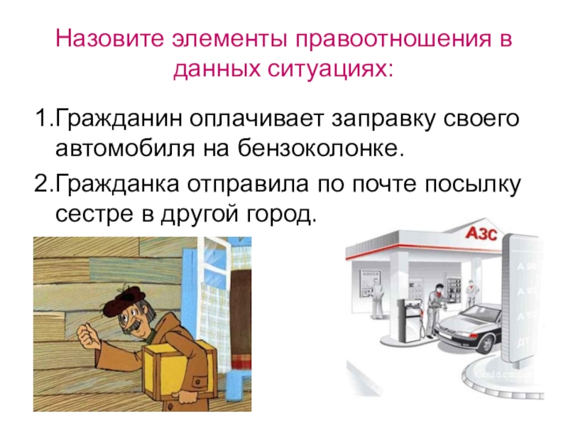 Презентация по обществознанию на тему Правоотношения и субъекты права Назовите элементы правоотношения в данных ситуациях:1.Гражданин оплачивает заправку своего автомобиля на Назовите элементы правоотношения в данных ситуациях:1.Гражданин оплачивает заправку своего автомобиля на бензоколонке.2.Гражданка отправила по почте посылку сестре
