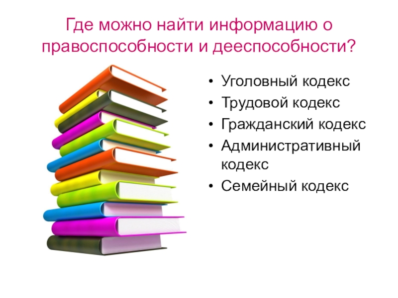 Презентация по обществознанию на тему Правоотношения и субъекты права Где можно найти информацию о правоспособности и дееспособности?Уголовный кодексТрудовой кодексГражданский кодексАдминистративный кодексСемейный кодекс Где можно найти информацию о правоспособности и дееспособности?Уголовный кодексТрудовой кодексГражданский кодексАдминистративный кодексСемейный кодекс