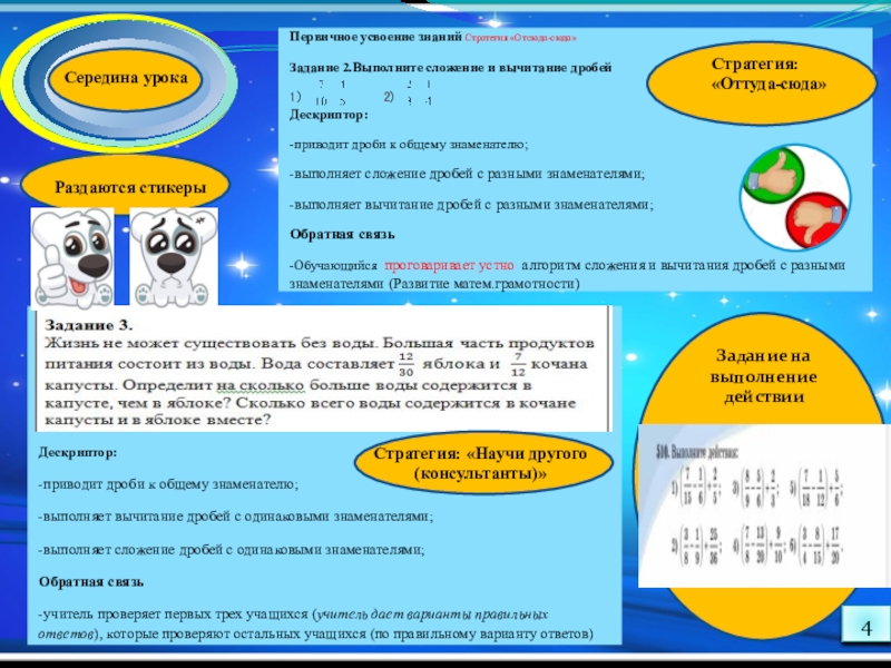 Урок Сложение и вычитание дробей с разными знаменателями Середина урокаСтратегия: «Оттуда-сюда»Стратегия: «Научи другого (консультанты)»Задание на выполнение действииРаздаются стикеры4 Середина урокаСтратегия: «Оттуда-сюда»Стратегия: «Научи другого (консультанты)»Задание на выполнение действииРаздаются стикеры4