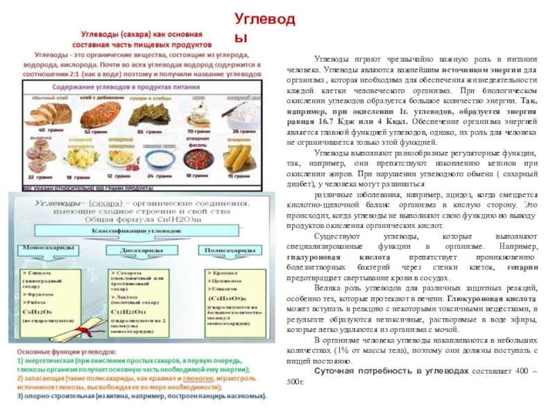 Пищевые вещества и их назначение Углеводы играют чрезвычайно важную роль в питании человека. Углеводы являются важнейшим Углеводы играют чрезвычайно важную роль в питании человека. Углеводы являются важнейшим источником энергии для организма , которая