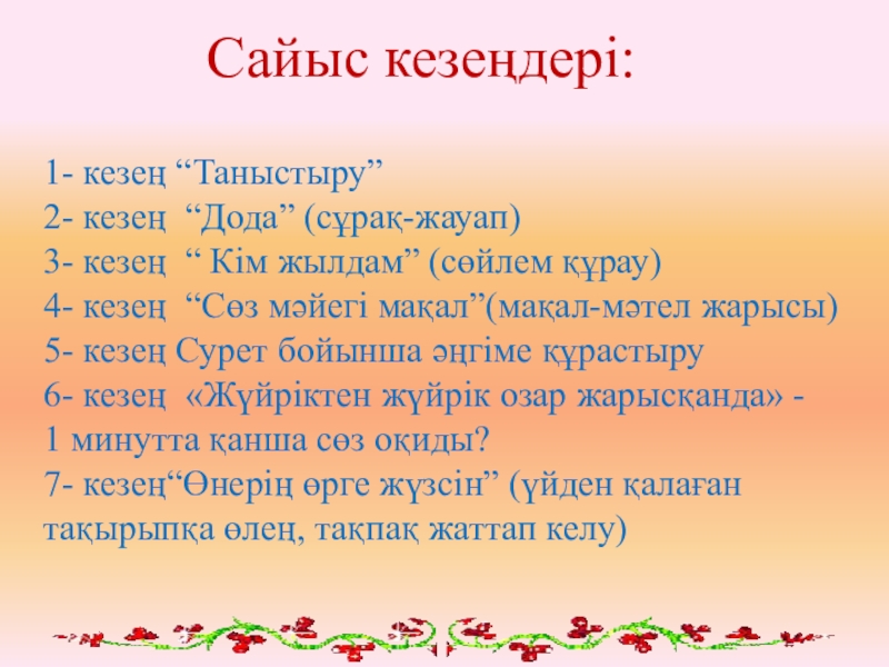 Мемлекеттік тіл- менің тілім Сайыс кезеңдері: 1- кезең “Таныстыру” 2- кезең “Дода” Сайыс кезеңдері: 1- кезең “Таныстыру” 2- кезең “Дода” (сұрақ-жауап) 3-