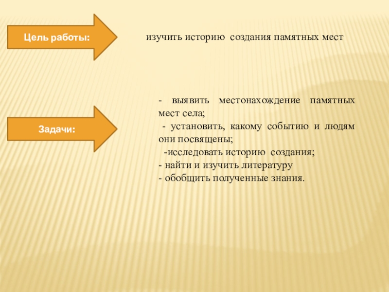 Презентация исследовательской деятельности по краеведению Цель работы:изучить историю создания памятных местЗадачи:- выявить местонахождение памятных мест села; Цель работы:изучить историю создания памятных местЗадачи:- выявить местонахождение памятных мест села; - установить, какому событию и людям