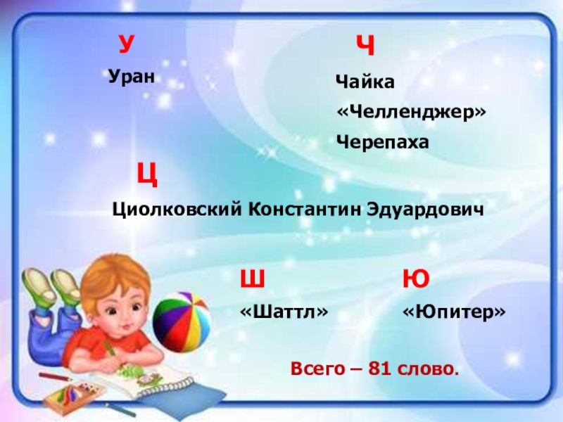 Проект Словарь космических терминов для детей Ч Чайка «Челленджер» Черепаха ЦЦиолковский Константин Эдуардович У УранШ«Шаттл»Ю«Юпитер»Всего – 81 слово. Ч Чайка «Челленджер» Черепаха ЦЦиолковский Константин Эдуардович У УранШ«Шаттл»Ю«Юпитер»Всего – 81 слово.