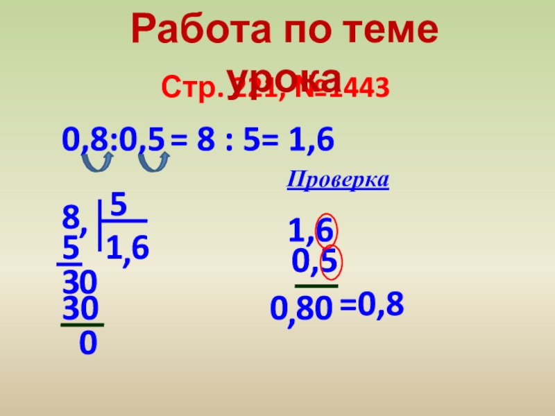 Презентация по математике на тему Деление на десятичную дробь. 1 урок.(5 класс) Стр. 221, №1443Работа по теме урока0,8:0,5= 8 : 585,153,06300= 1,6Проверка1,60,580,0=0,8 Стр. 221, №1443Работа по теме урока0,8:0,5= 8 : 585,153,06300= 1,6Проверка1,60,580,0=0,8