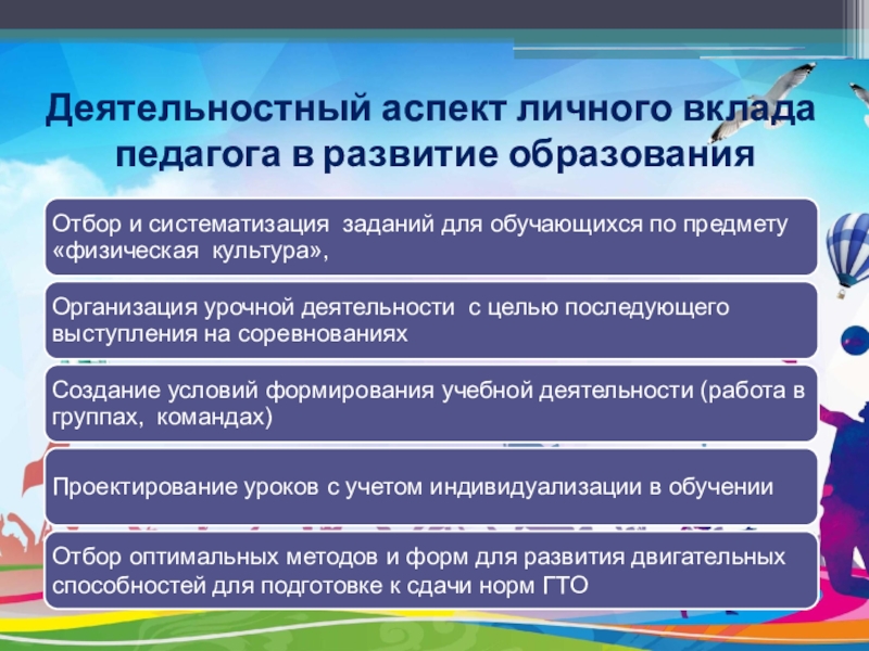 Компьютерная презентация по физической культуре учителя Деятельностный аспект личного вклада педагога в развитие образования Деятельностный аспект личного вклада педагога в развитие образования