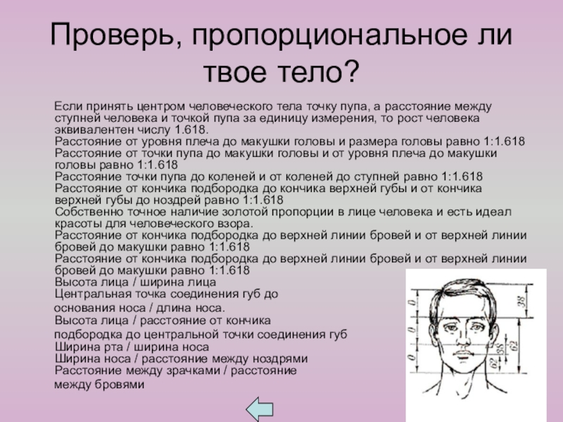 Презентация к внеклассному занятию по математике на тему Золотое сечение Проверь, пропорциональное ли твое тело? Если принять центром человеческого тела Проверь, пропорциональное ли твое тело? Если принять центром человеческого тела точку пупа, а расстояние между