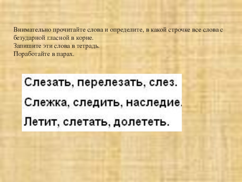 Русский языкБезударные гласные в корне слова 2 класс Внимательно прочитайте слова и определите, в какой строчке все слова с Внимательно прочитайте слова и определите, в какой строчке все слова с безударной гласной в корне. Запишите эти