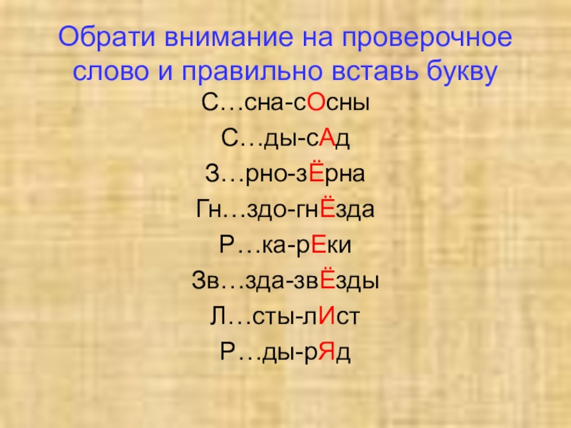 Русский языкБезударные гласные в корне слова 2 класс Обрати внимание на проверочное слово и правильно вставь буквуС…сна-сОсныС…ды-сАдЗ…рно-зЁрнаГн…здо-гнЁздаР…ка-рЕкиЗв…зда-звЁздыЛ…сты-лИстР…ды-рЯд Обрати внимание на проверочное слово и правильно вставь буквуС…сна-сОсныС…ды-сАдЗ…рно-зЁрнаГн…здо-гнЁздаР…ка-рЕкиЗв…зда-звЁздыЛ…сты-лИстР…ды-рЯд