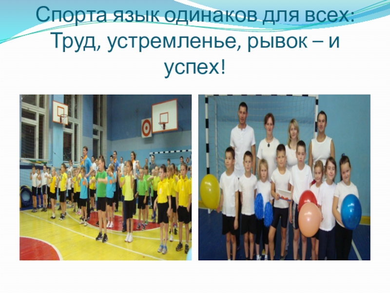 Презентация Чему научились, хотим поделиться. ЗОЖ Спорта язык одинаков для всех: Труд, устремленье, рывок – и успех! Спорта язык одинаков для всех: Труд, устремленье, рывок – и успех!