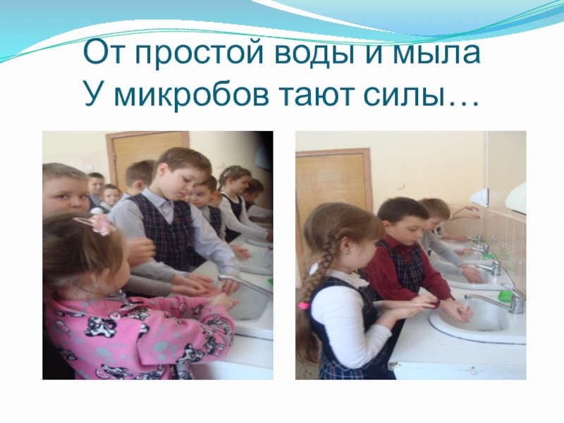 Презентация Чему научились, хотим поделиться. ЗОЖ От простой воды и мыла У микробов тают силы… От простой воды и мыла У микробов тают силы…