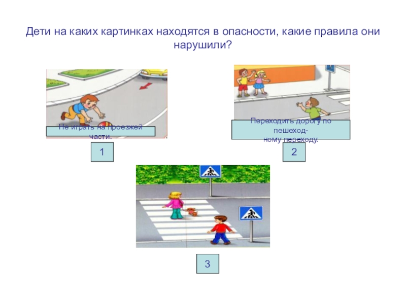 Презентация по ОБЖ на тему Правила дорожные знать каждому положено! (для старшего дошкольного возраста) Дети на каких картинках находятся в опасности, какие правила они нарушили?123Не Дети на каких картинках находятся в опасности, какие правила они нарушили?123Не играть на проезжей части.Переходить дорогу по