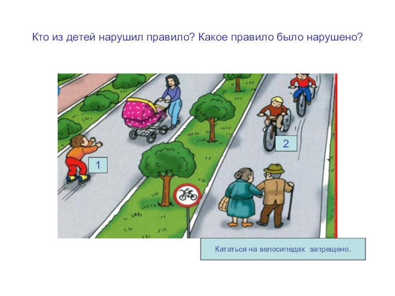Презентация по ОБЖ на тему Правила дорожные знать каждому положено! (для старшего дошкольного возраста) Кто из детей нарушил правило? Какое правило было нарушено?12Кататься на велосипедах запрещено. Кто из детей нарушил правило? Какое правило было нарушено?12Кататься на велосипедах запрещено.