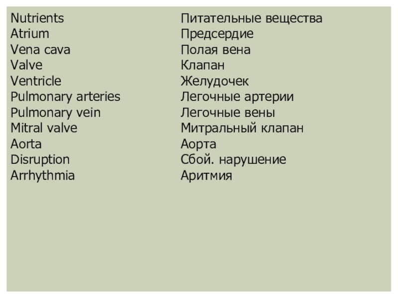 Кровь и циркуляционная система крови NutrientsAtriumVena cavaValveVentriclePulmonary arteriesPulmonary veinMitral valveAorta DisruptionArrhythmiaПитательные веществаПредсердие Полая венаКлапан Желудочек Легочные NutrientsAtriumVena cavaValveVentriclePulmonary arteriesPulmonary veinMitral valveAorta DisruptionArrhythmiaПитательные веществаПредсердие Полая венаКлапан Желудочек Легочные артерии Легочные веныМитральный клапанАорта Сбой. нарушениеАритмия