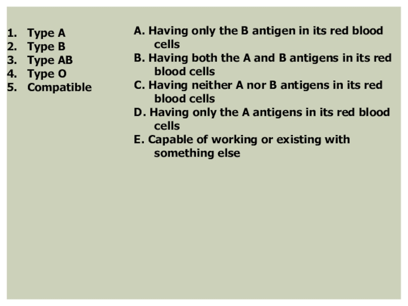 Кровь и циркуляционная система крови Type AType BType ABType OCompatible A. Having only the B antigen Type AType BType ABType OCompatible A. Having only the B antigen in its red blood cells B.