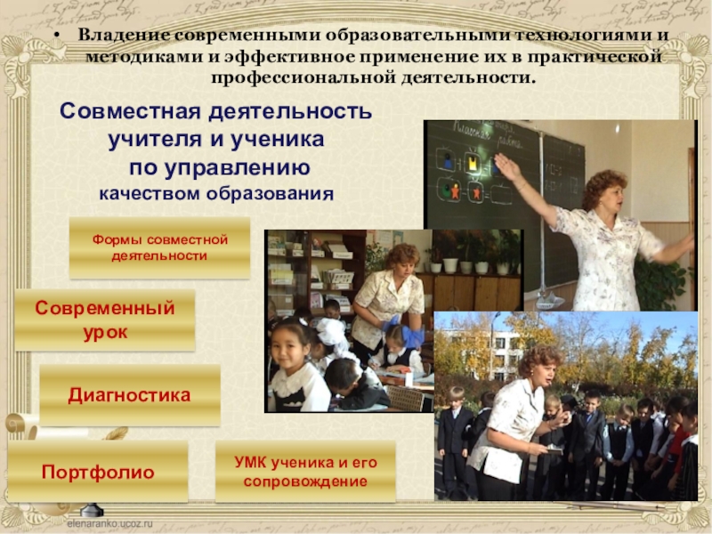 Презентация учителя Мое портфолио Владение современными образовательными технологиями и методиками и эффективное применение их в Владение современными образовательными технологиями и методиками и эффективное применение их в практической профессиональной деятельности.Совместная деятельность учителя